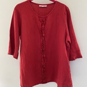 Bryn Walker 100% Linen Ruffle Tunic Blouse 3/4 Sleeve Round Neck Women's S